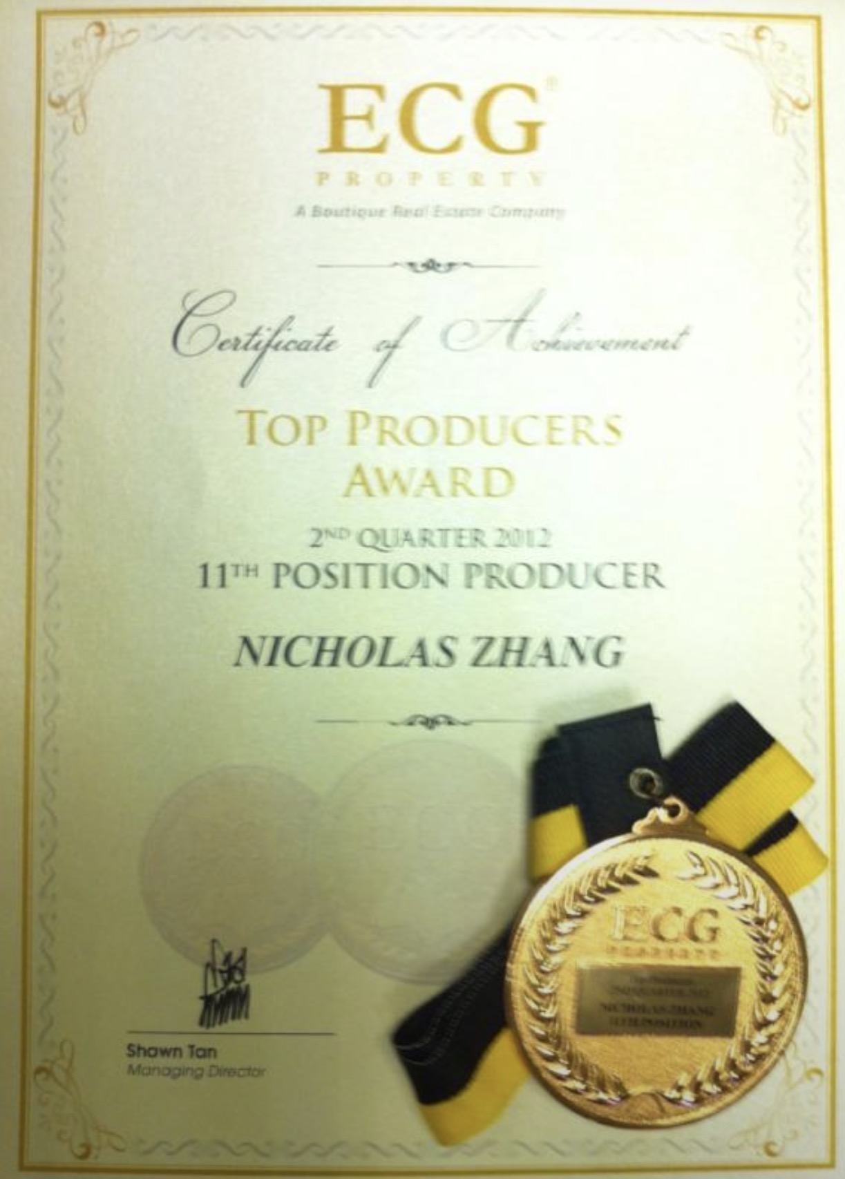 ECG Property Certificate of Achievement: Top Producers Award, 2nd Quarter 2012, 11th Position Producer, Nicholas Zhang