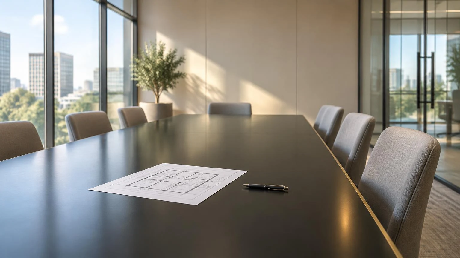 Empty corporate meeting room with a black table and floor plan