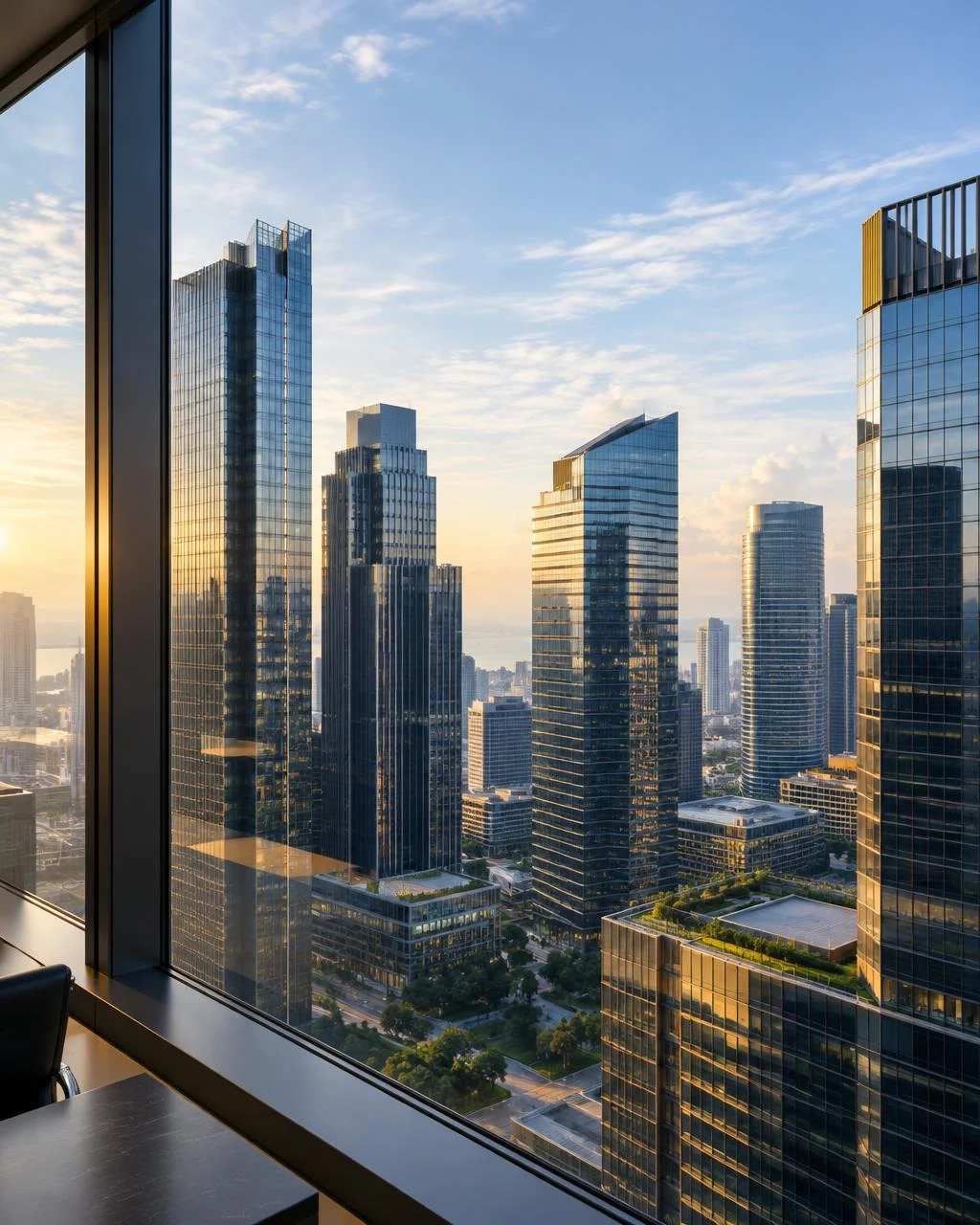 Modern office interior with a view of Singapore