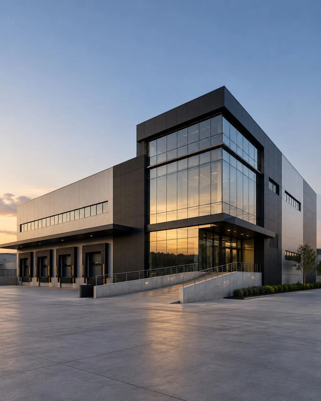 Modern industrial building at dusk